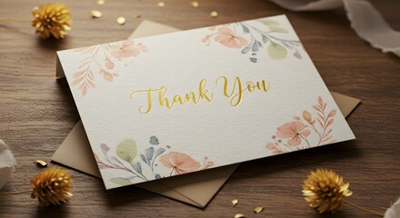 Elegant Floral Thank You Card Watercolor Design, Gold Foil Lettering, Perfect for Wedding, Birthday, or Any Occasion