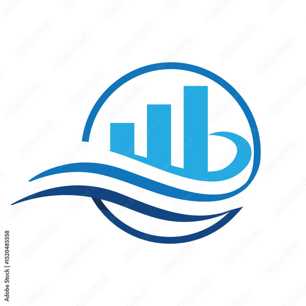 Poster The image shows a flat logo design that depicts a graph bar on a circle with three wavy lines. It looks clean in blue color combo on white background and can be used for financial planner logo.