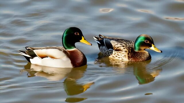 Male and female ducks swimming together in a river  