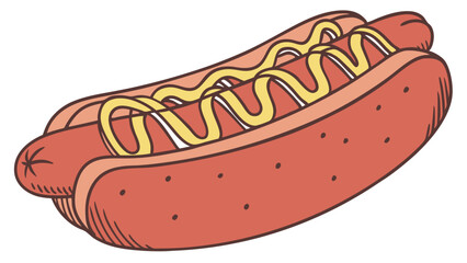 A cartoon illustration of a hotdog with a sausage and mustard in a bun on a white background view