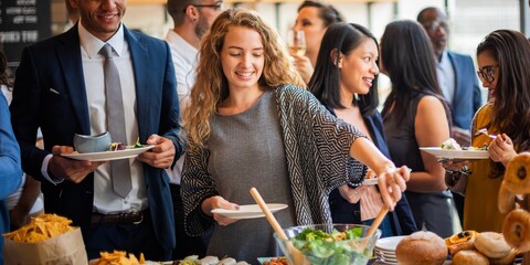Diverse group at a buffet, enjoying food. People at a buffet, smiling and chatting. Buffet setting with diverse individuals, enjoying a meal together. Diverse people at lunch buffet.