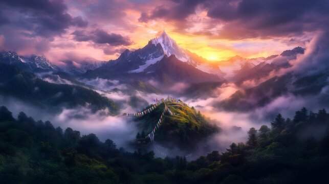 Misty Himalayan ridge at sunrise with golden hues illuminating the peak and surrounding valleys