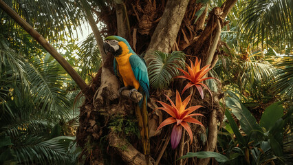 A macaw is seen perched in a thick jungle, surrounded by bright tropical blooms and deep green foliage.
