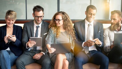 Group of professionals sitting on a couch with laptops. Diverse business men and women collaborate in modern office setting. Job recruitment and job opportunity concept. Business women and men sitting