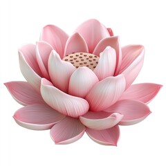 A delicate, pale pink lotus flower with subtly textured petals and a visible seed head, rendered in a realistic digital style against a stark white background