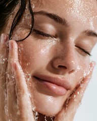 Woman washing her face in the morning with clean water. Fresh, healthy skin and natural light.