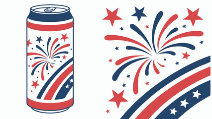A patriotic themed soda can with stars and stripes alongside matching fireworks illustration design
