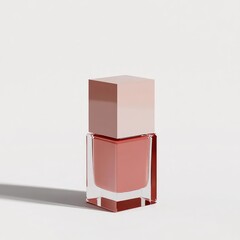 A dusty rose nail polish in a clear, square bottle with a pale pink square cap casts a subtle shadow against a bright white background