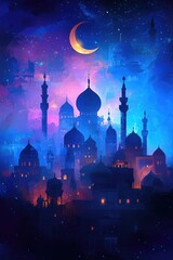 A crescent moon illuminates a mystical city at night, silhouetted against a vibrant, starry sky.  Glowing lights emanate from the buildings, creating a dreamlike atmosphere