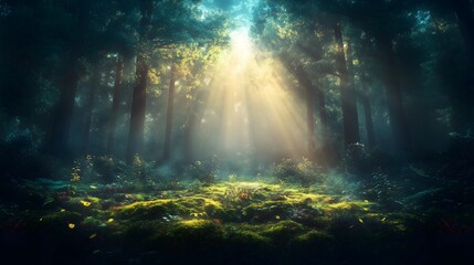 Fototapeta premium Mist drifts through a redwood forest at dawn illuminated by gentle golden light