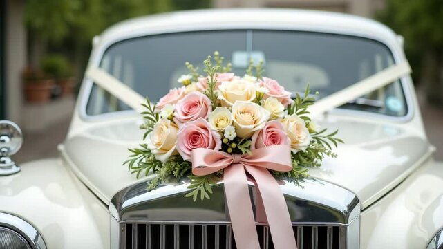 Floral wedding bouquet on classic car front with decorative ribbons  