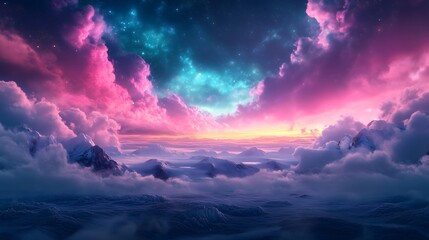 Serene arctic plain at twilight surrounded by colorful clouds and snow-covered mountains