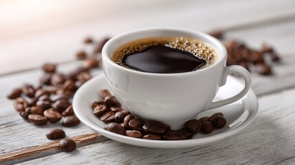 Obraz premium Rich Black Coffee in a White Cup and Saucer with Scattered Roasted Coffee Beans
