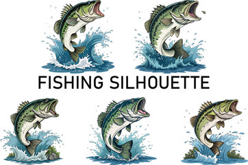 Colorful Bass Fishing Vector Bundle – Jumping Fish Clipart Pack.