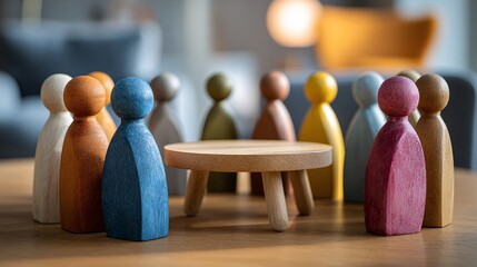 Colorful Wooden Peg Dolls Gathered Around a Small Table