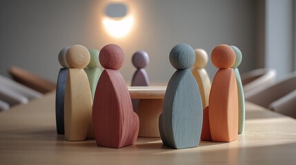 Group of Colorful Wooden Peg Dolls at a Table