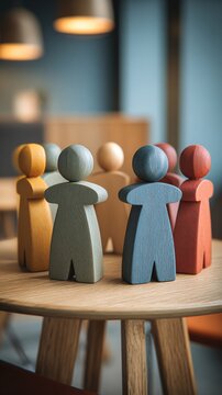 Diverse Group of Wooden Peg Dolls on a Table, Symbolizing Community