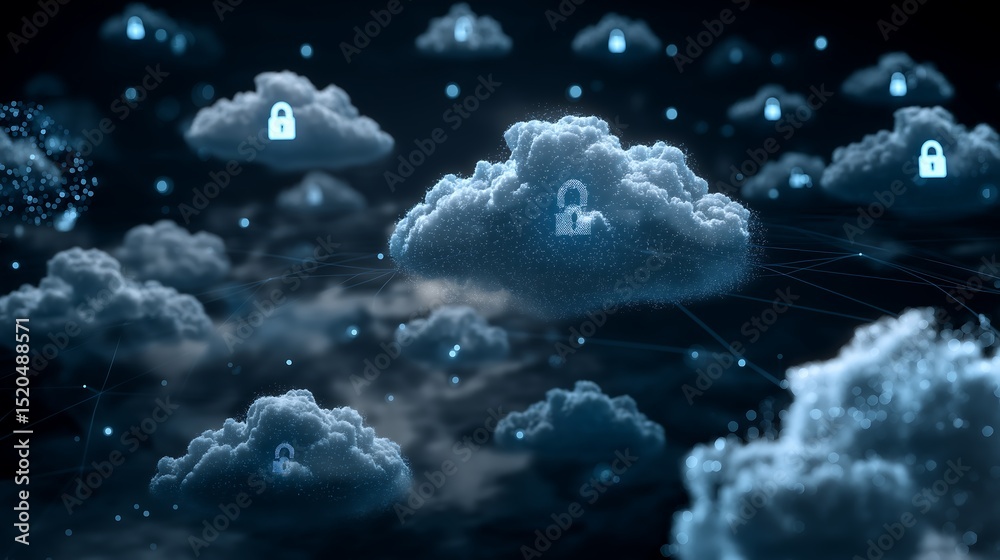 Poster cloud cyber security digital data protection and backup technology system virtual display, futuristi