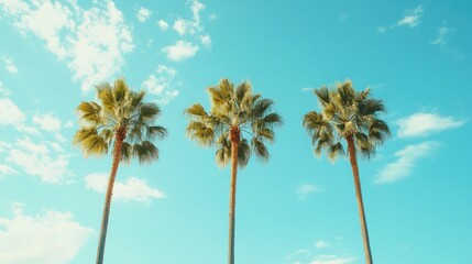 Topical landscape, palm trees on summer beach on blue sky background