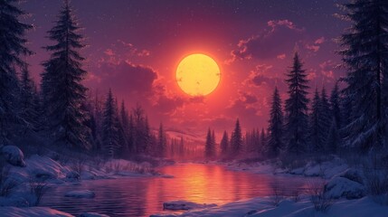 Winter night landscape with snowy forest and fir branches