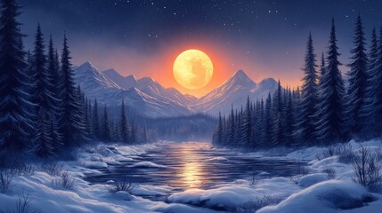 Winter night landscape with snowy forest and fir branches