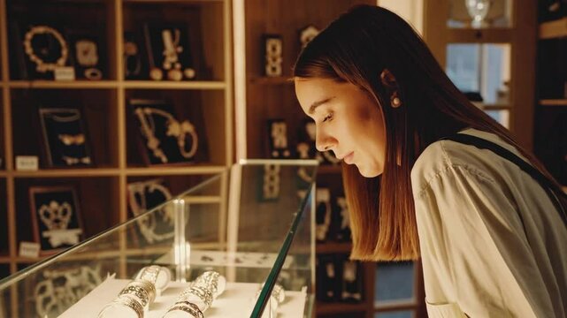 Young woman seen from behind, standing in front of a glass case filled with shiny jewelry inside a well-lit store with elegant displays and sparkling accessories