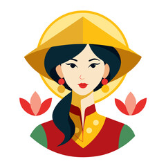 Stylized Vietnamese Woman Wearing Traditional Conical Hat with Lotus Flowers