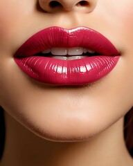 Obraz premium Close-up of glossy red lips with smooth flawless skin showing sensual makeup detail and vibrant color. Cosmetic beauty concept 
