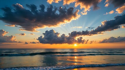 Fototapeta premium Breathtaking ocean sunrise with dramatic cloud formations and golden light reflecting on calm water surface. Nature seascape concept 