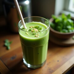 Green Smoothie in Glass with Straw on Wooden Table Healthy Drink