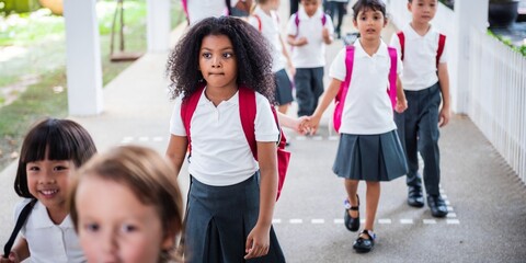 Naklejka premium Group of young children in school uniforms walking outdoors. Kids with backpacks, diverse group, school uniforms, walking together, outdoor setting. First day at school for little kids.