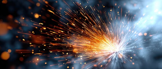 Bright orange and white sparks fly outward against a dark background, creating a dynamic and energetic visual effect.