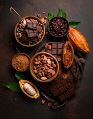 Realistic Details of Cacao and Artisan Chocolate on Natural Background, Ecuadorian