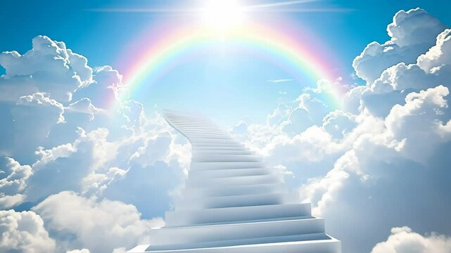 美しい虹がかかった空へと続く階段