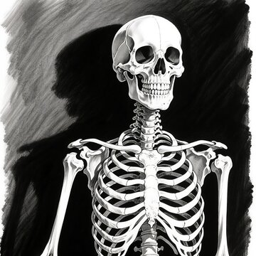 Human skeleton drawing with arms raised and frontal skull view, illustrated in monochrome pencil sketch style with full body anatomical structure.