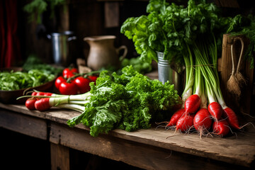 A rustic wooden table with fresh organic vegetables and herbs