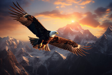 A majestic eagle flying over a stunning mountain range at sunrise