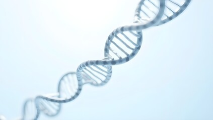 A long, twisting DNA strand appears prominently against a soft blue background, illustrating the complex structure of genetic material.