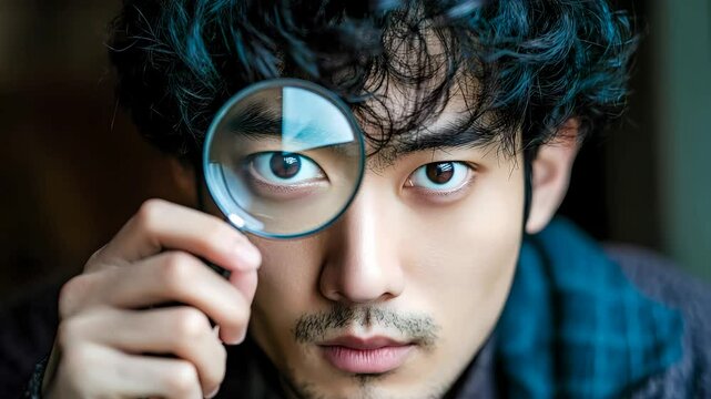 虫眼鏡を覗きこむ若いアジア人男性