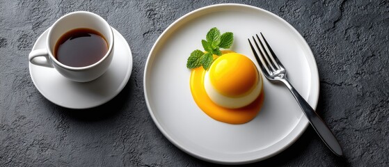 A cup of black coffee beside a plated dessert with mango sauce and mint leaves, presented on a dark textured surface.