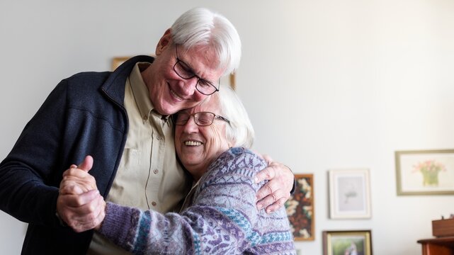Fototapeta Senior couple dancing and hugging, smiling warmly. Elderly joy, elderly love, and elderly happiness fill the room. A heartwarming elderly moment. Senior couple dancing together in retirement home.