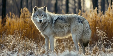 Obraz premium Gray wolf standing in a field of frost-covered grass.