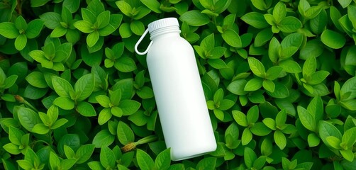 Clean white reusable water bottle on lush green background ,  mockup,  environment