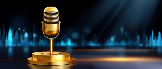 A golden vintage microphone stands on a podium with blue soundwave graphics in the background, spotlighted on a dark stage.