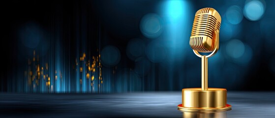 A golden microphone stands on a reflective stage with a dark, blue-lit background and glowing bokeh lights.