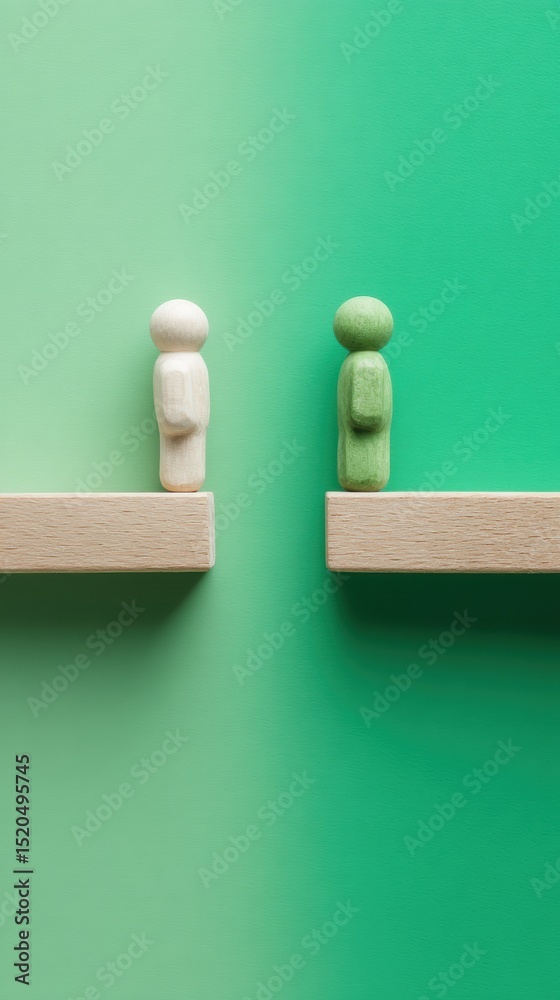 Poster Wooden Figurines on Separate Ledges Connected by Bridge Symbolizing Conflict Resolution and Constructive Mediation in Modern Business Communication