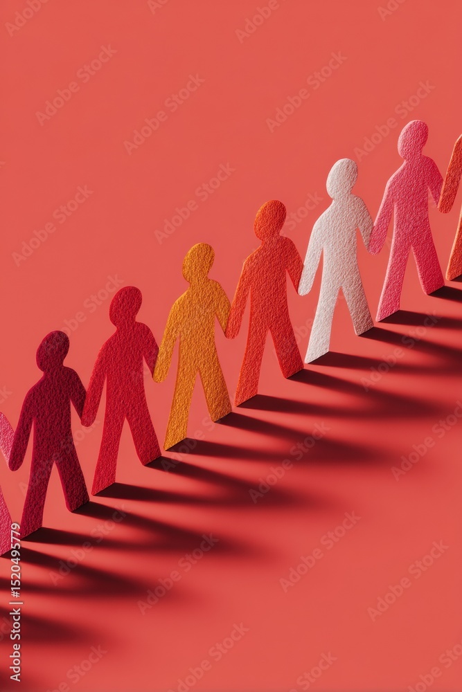 Aufkleber diverse paper cutout figures holding hands on reflective surface symbolizing global unity and social
