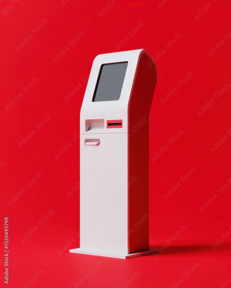 Poster minimalist self-service ticket kiosk with payment terminal on bold red background for modern retail 