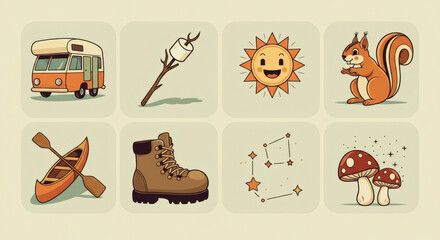 Fototapeta premium Retro Camping and Hiking Illustration Set Vintage Icons of Nature, Adventure, and the Outdoors