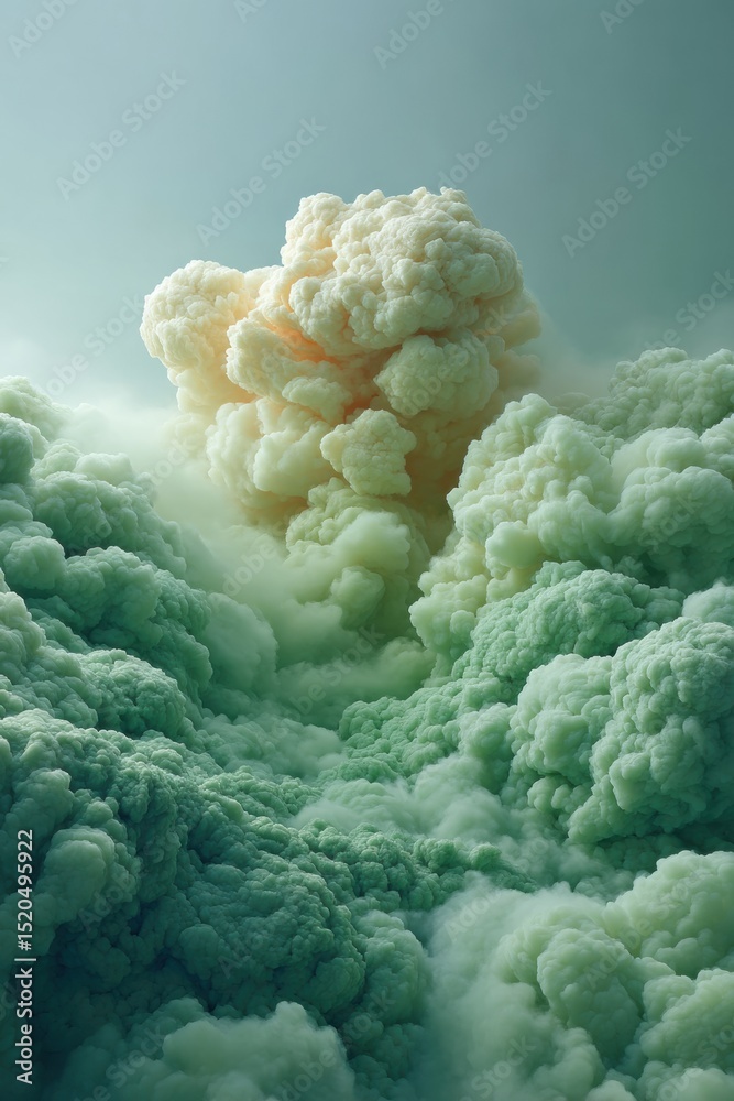 Poster surreal cloudscape abstract voluminous textured mist in soft green and cream tones, evoking calm and